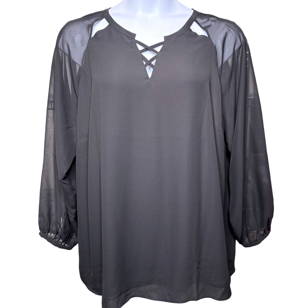 LAURIE FELT Black Sheer Sleeve Blouse 2X Lattice Cutout Office-Wear Versatile